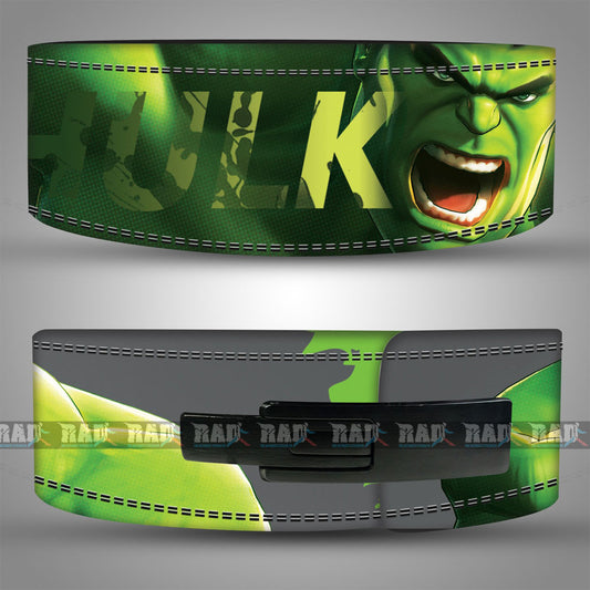 Back side of Hulk design lifting belt showing lever buckle and durable build.