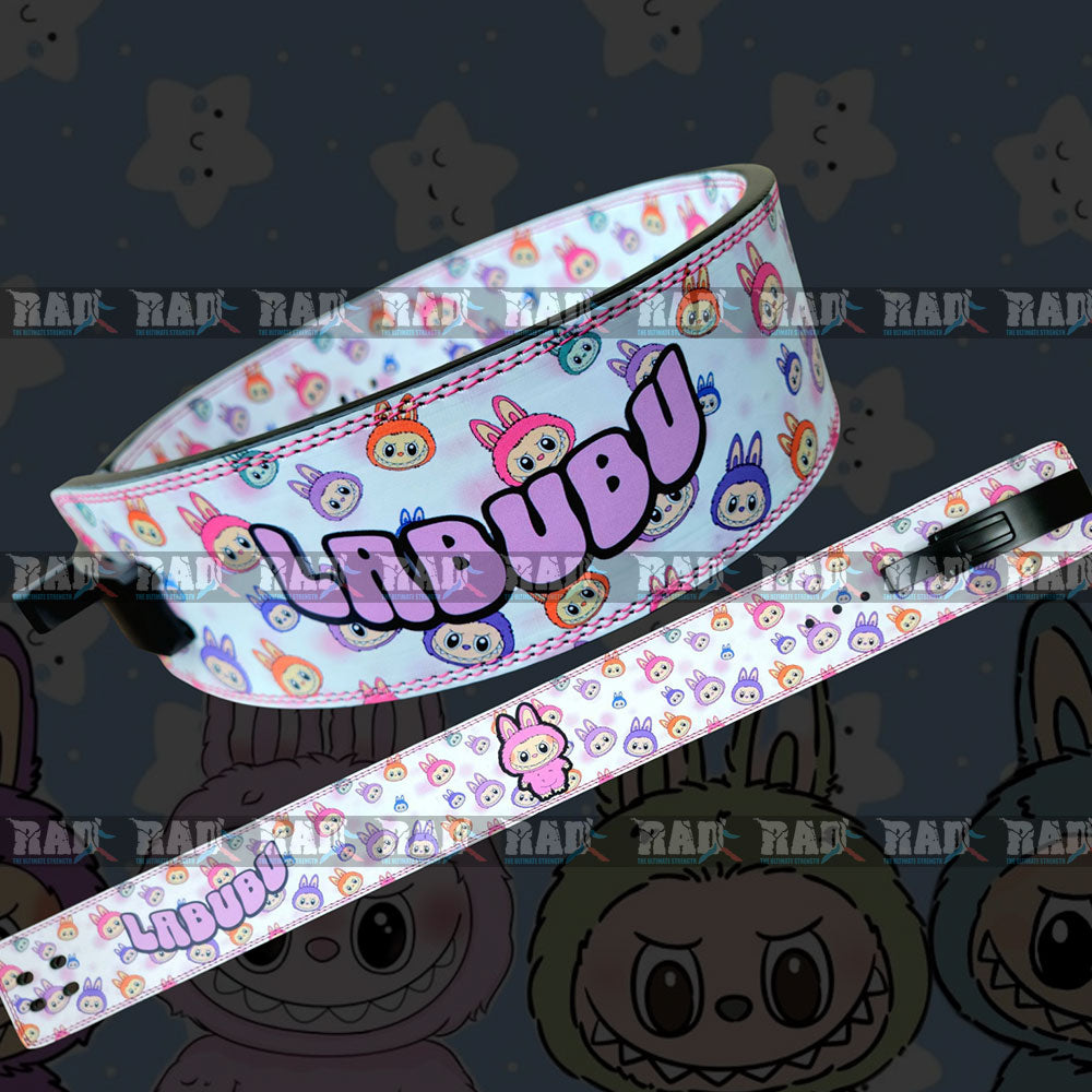 Colorful belt with 'Labubu' branding on a dark background with cartoon characters.