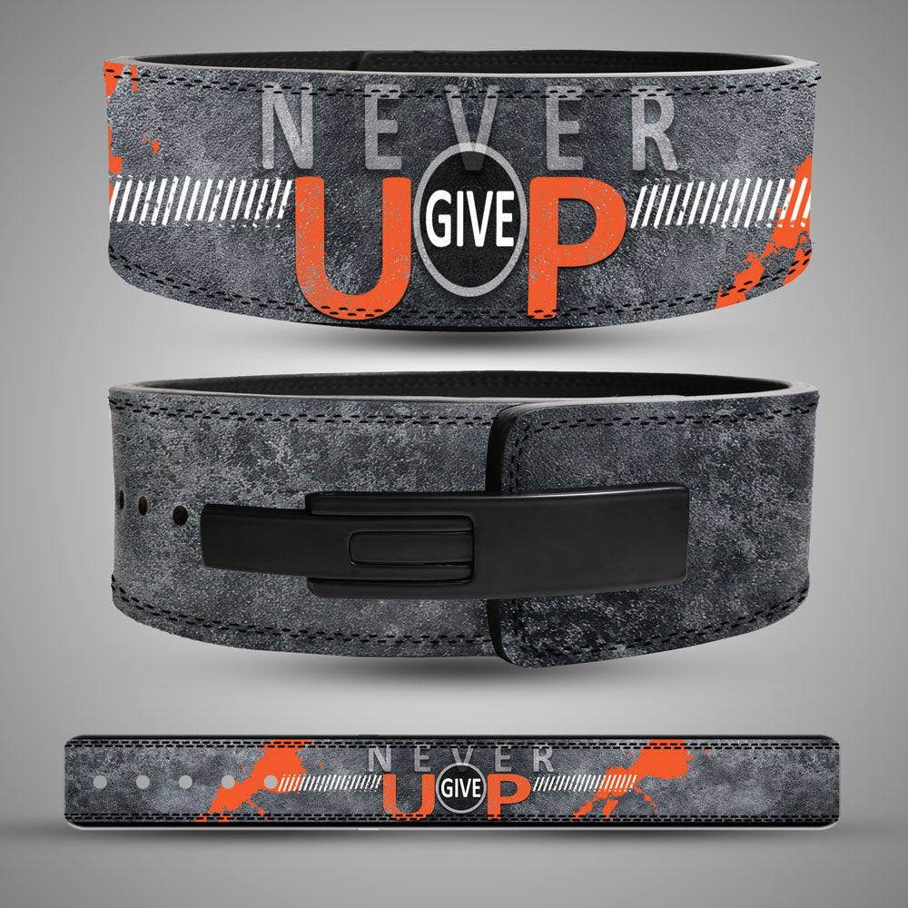 Never Give Up motivational leather lever lifting belt with textured concrete pattern and matte black hardware