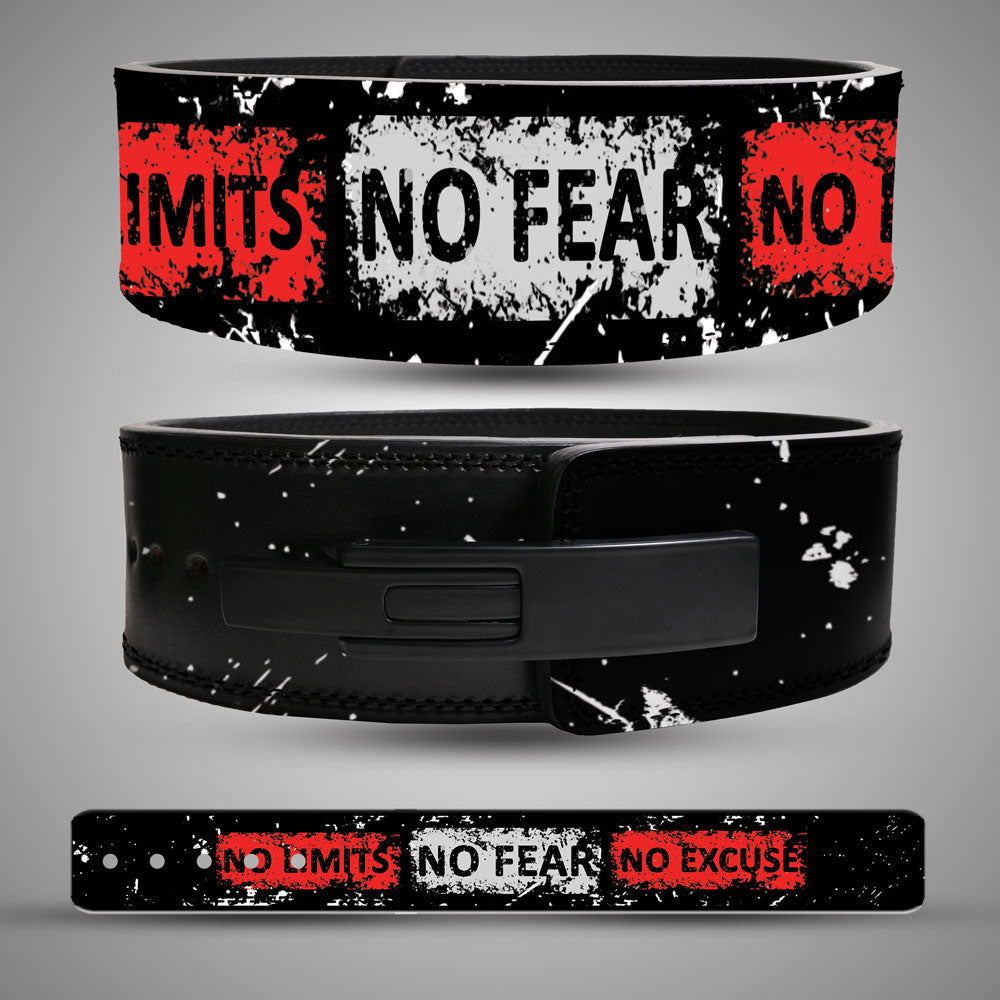 No Fear No Limits motivational leather lever lifting belt with grunge stencil typography and black buckle