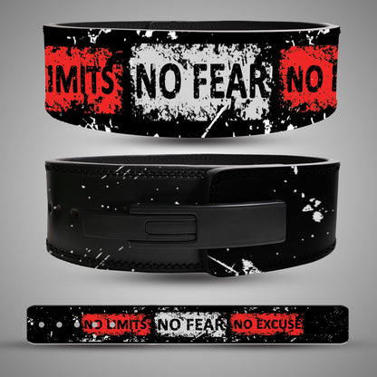 No Fear No Limits motivational leather lever lifting belt with grunge stencil typography and black buckle