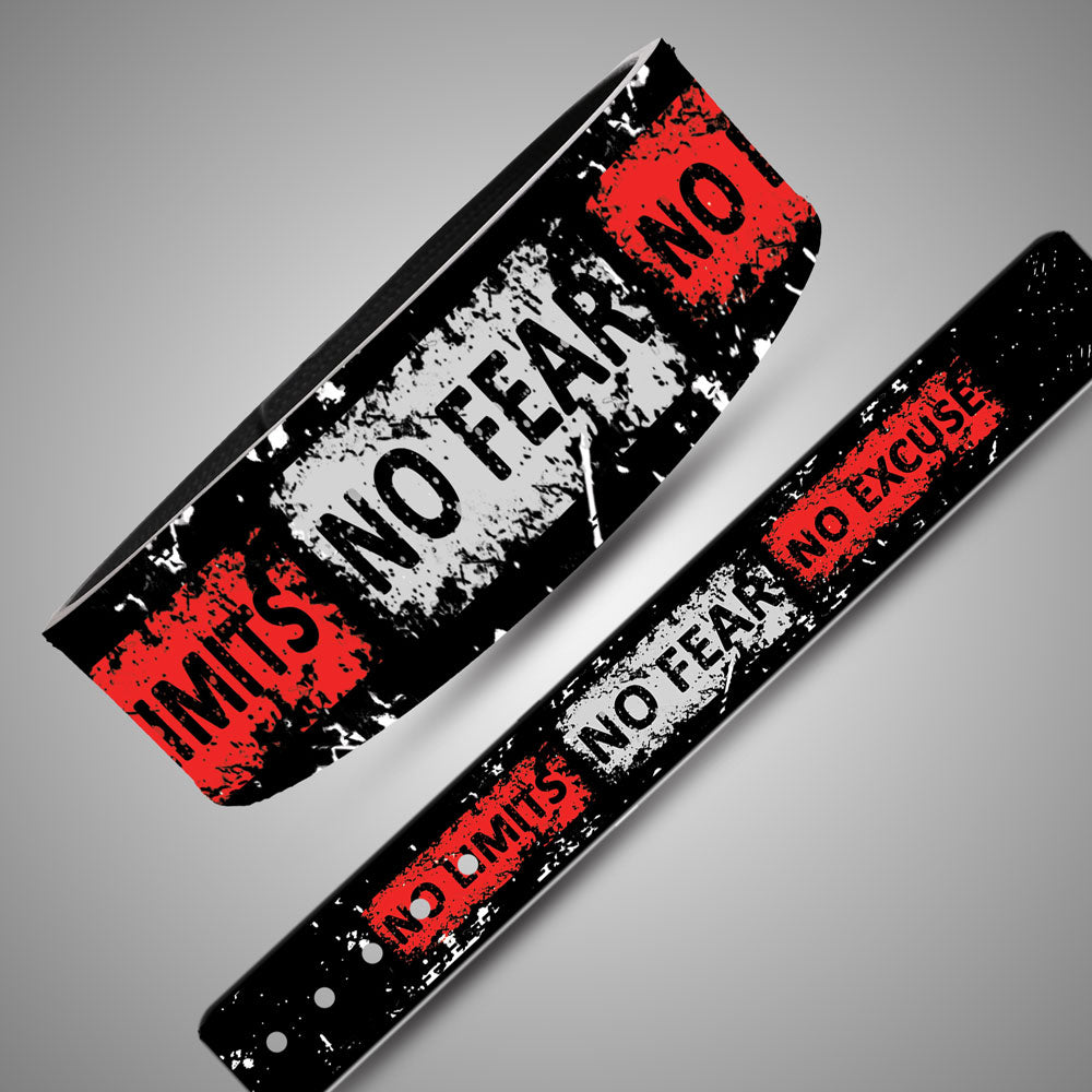 Panoramic layout of weightlifting belt strap showing crimson color blocks and No Limits No Fear No Excuse typography
