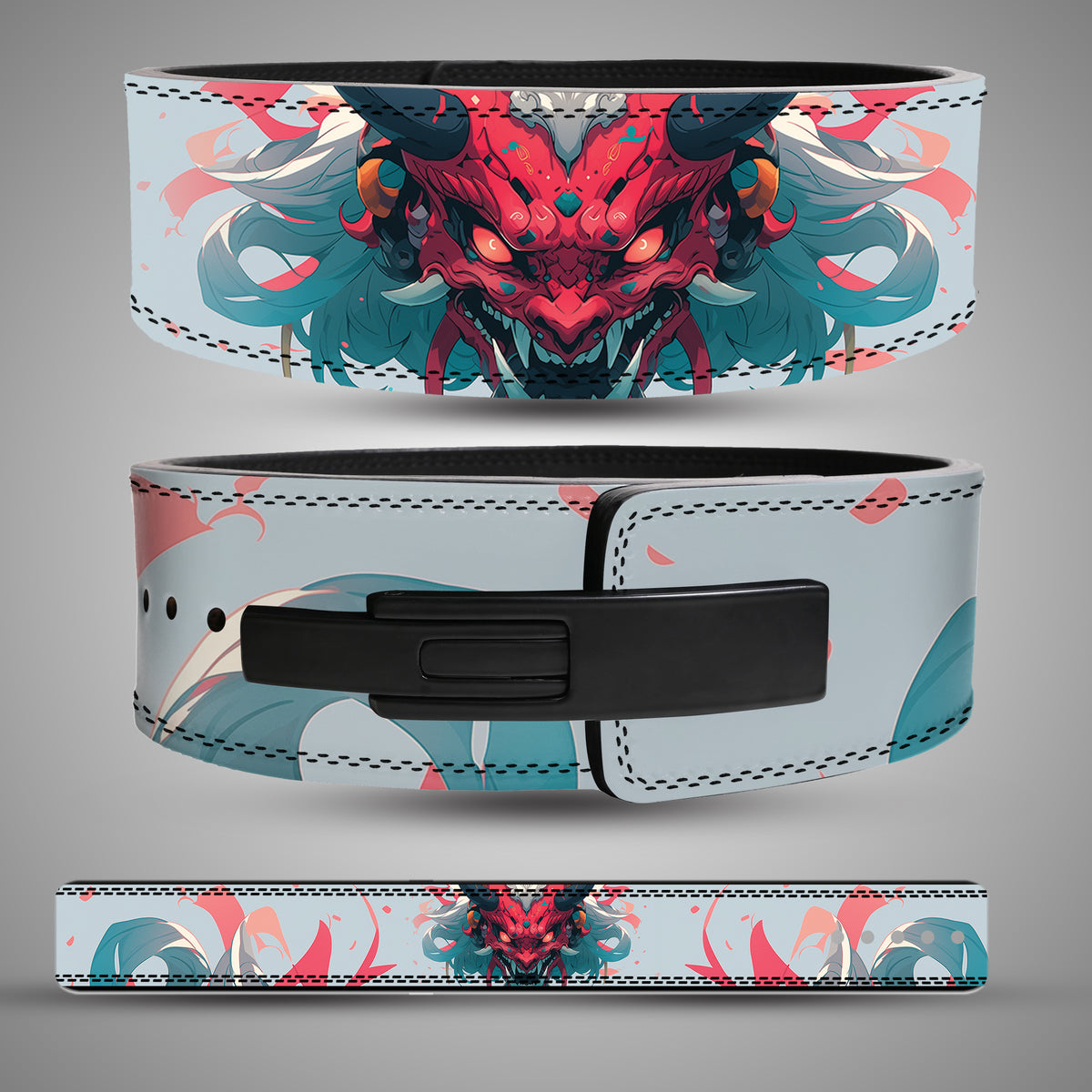 Oni Demon leather weightlifting belt showing red Japanese mask artwork, teal details, black lever buckle and full strap