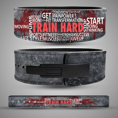 Train Hard motivational leather lever lifting belt with typography collage and black buckle