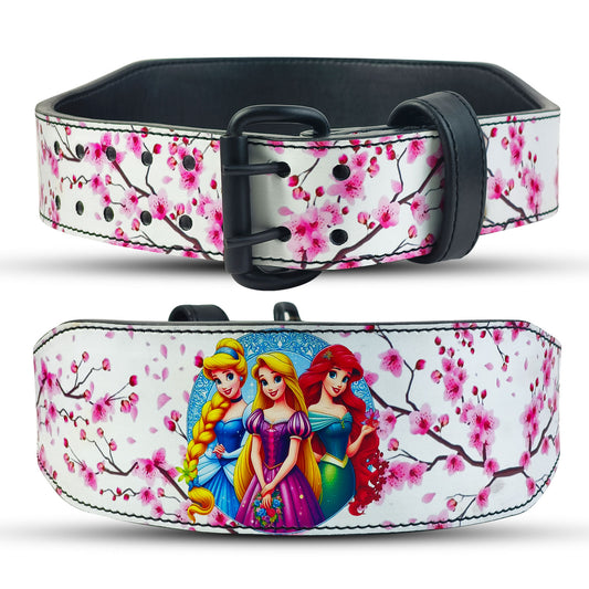 Weightlifting Belt with cherry blossom design and Disney princesses on a white background