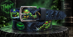 Ninja Turtles printed leather pant belt with metal pin buckle — coiled view