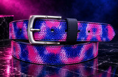 Pink Purple Scales printed leather pant belt with metal pin buckle — coiled view
