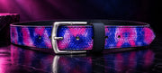 Pink Purple Scales printed leather pant belt with metal pin buckle — front view
