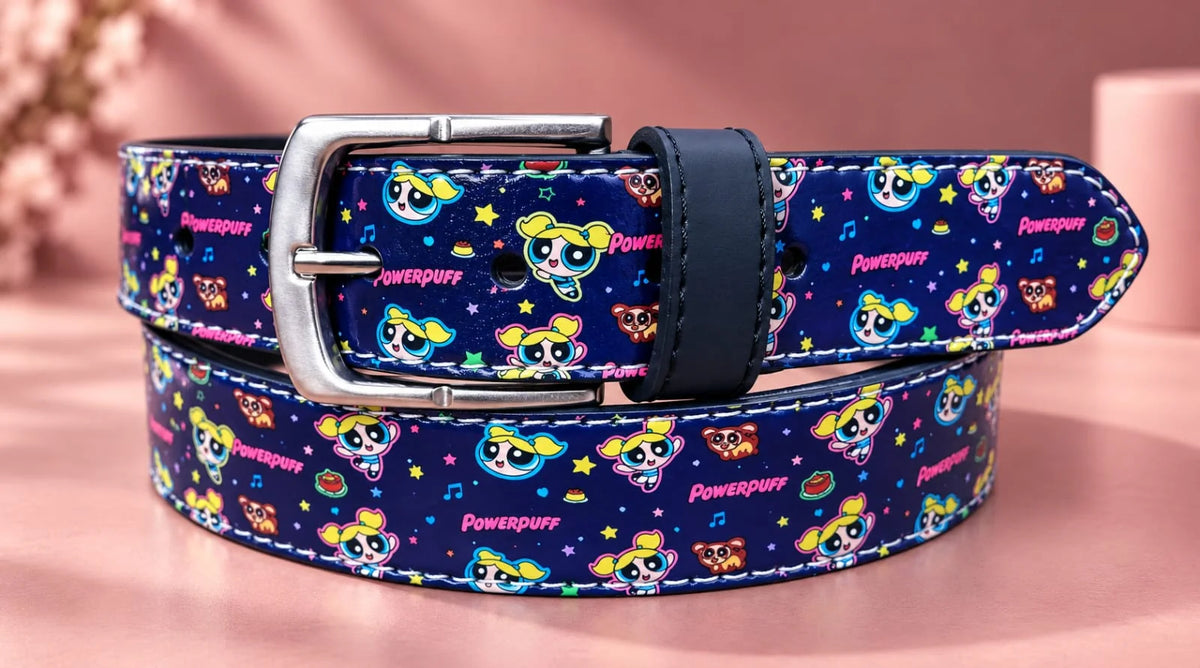 Powerpuff Navy printed leather pant belt with metal pin buckle — coiled view