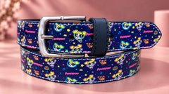 Powerpuff Navy printed leather pant belt with metal pin buckle — coiled view