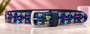Powerpuff Navy printed leather pant belt with metal pin buckle — front view