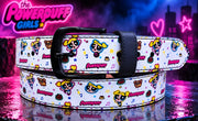 Powerpuff White printed leather pant belt with metal pin buckle — coiled view