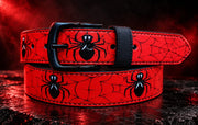 Spider Web Red printed leather pant belt with metal pin buckle — coiled view