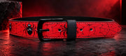 Spider Web Red printed leather pant belt with metal pin buckle — front view