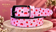 Strawberry Pink printed leather pant belt with metal pin buckle — coiled view
