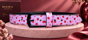 Strawberry Pink printed leather pant belt with metal pin buckle — front view