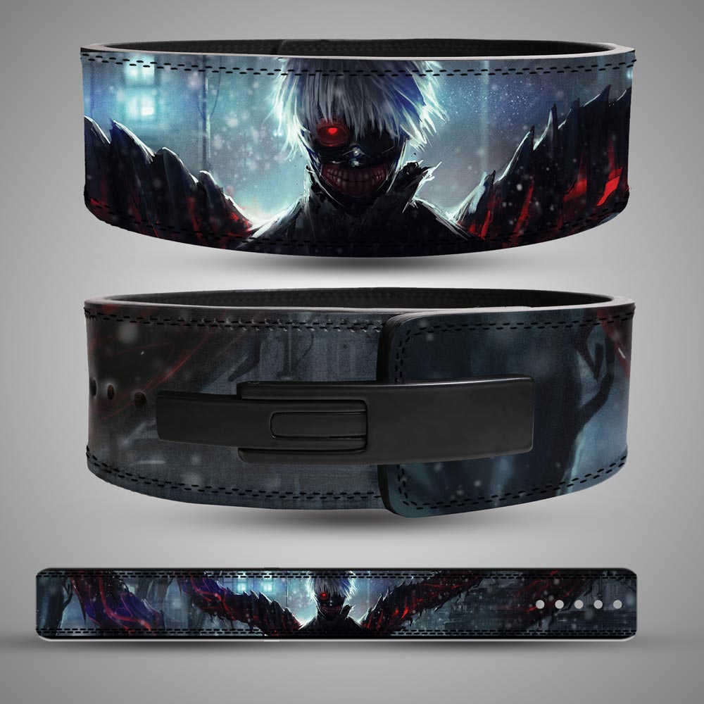 Composite view of a Tokyo Ghoul weightlifting belt showing the back Kaneki artwork with red and black kagune, the front with a black lever buckle, and the full flat layout.