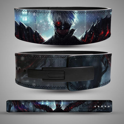 Composite view of a Tokyo Ghoul weightlifting belt showing the back Kaneki artwork with red and black kagune, the front with a black lever buckle, and the full flat layout.