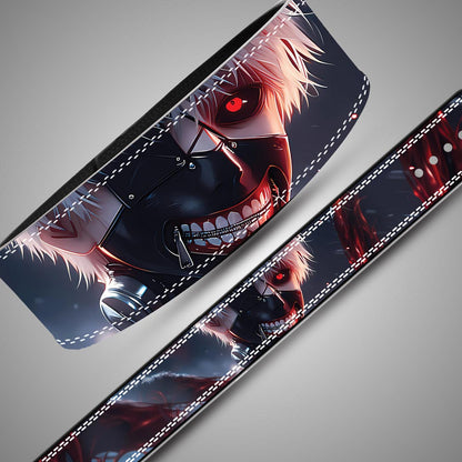Composite view of a Tokyo Ghoul weightlifting belt showing the back portrait of Ken Kaneki, the front with a black lever buckle, and the full flat design.