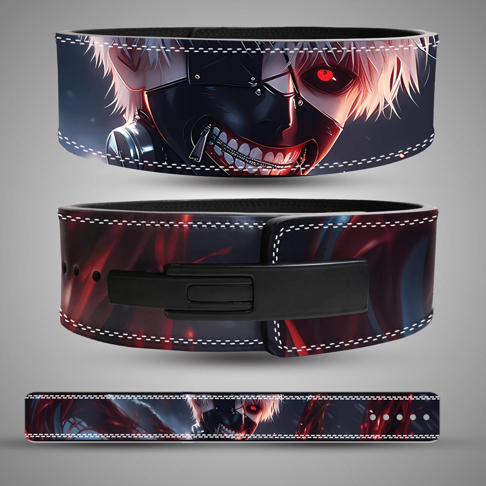 Tokyo Ghoul weightlifting belt featuring Ken Kaneki's zipper mask