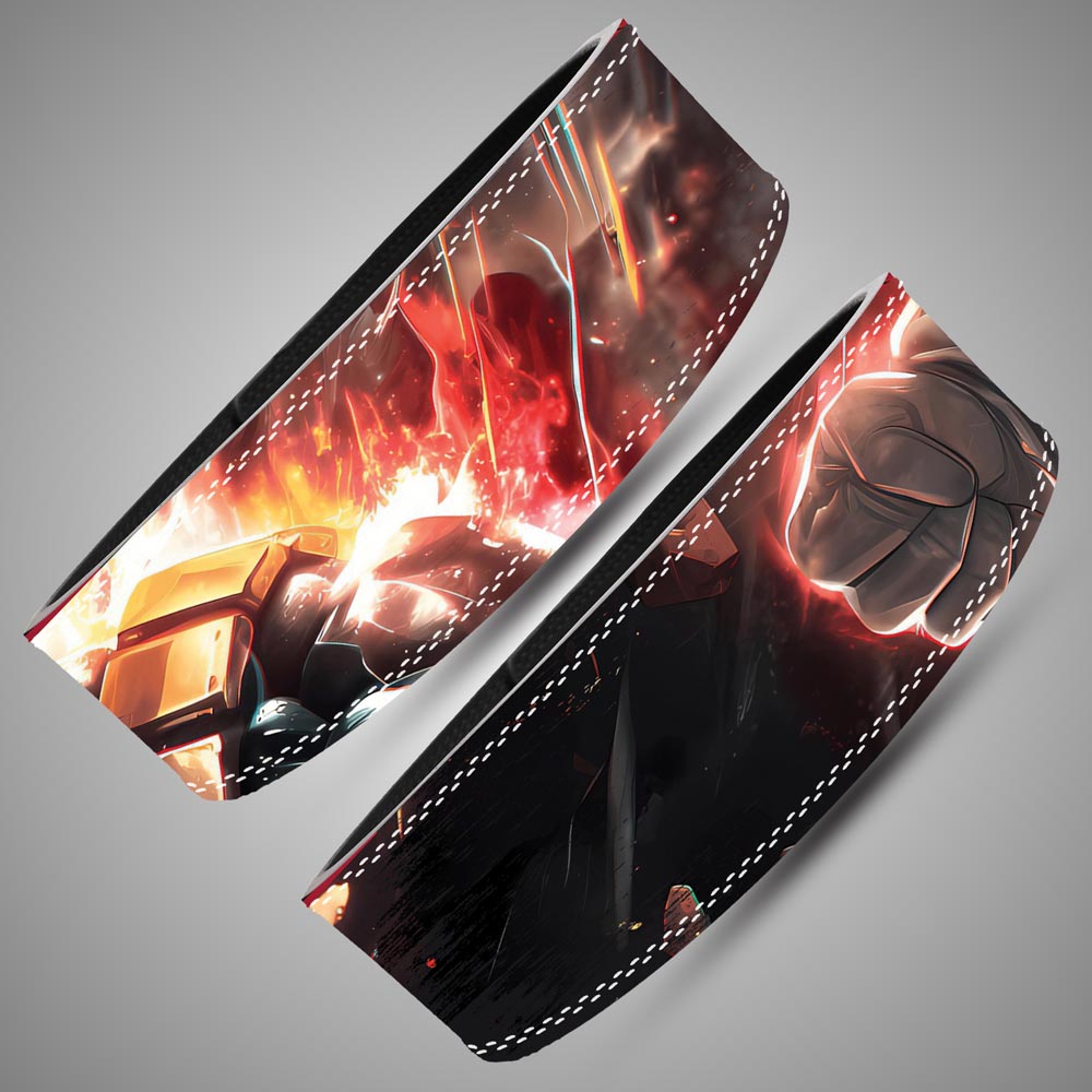 Two close-up views of the belt artwork showing a clenched fist, gold armour details, and red-orange light