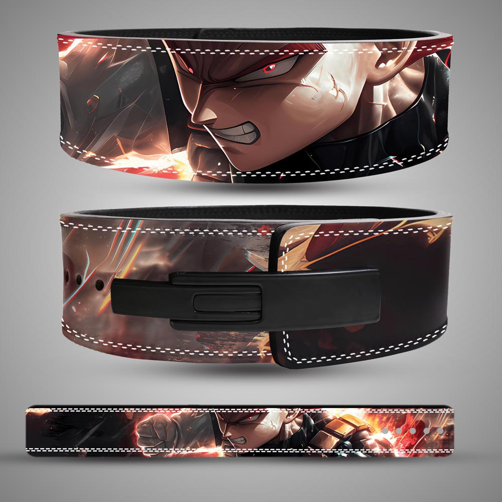 Vegeta weightlifting belt with red-orange artwork, shown from the back, front, and as a flat strap