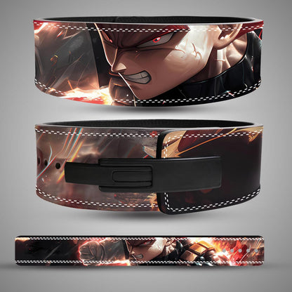 Vegeta weightlifting belt with red-orange artwork, shown from the back, front, and as a flat strap