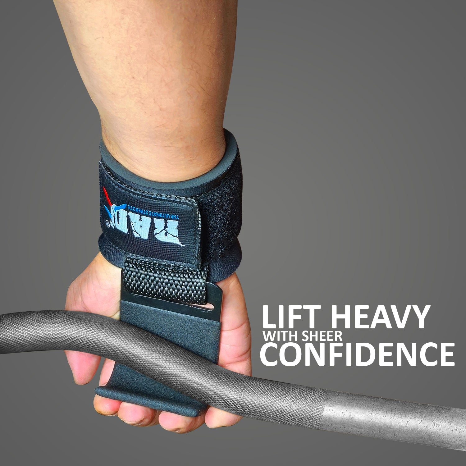 Person holding a weightlifting strap with text 'Lift Heavy with Sheer Confidence' on a gray background