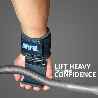 Person holding a weightlifting strap with text 'Lift Heavy with Sheer Confidence' on a gray background