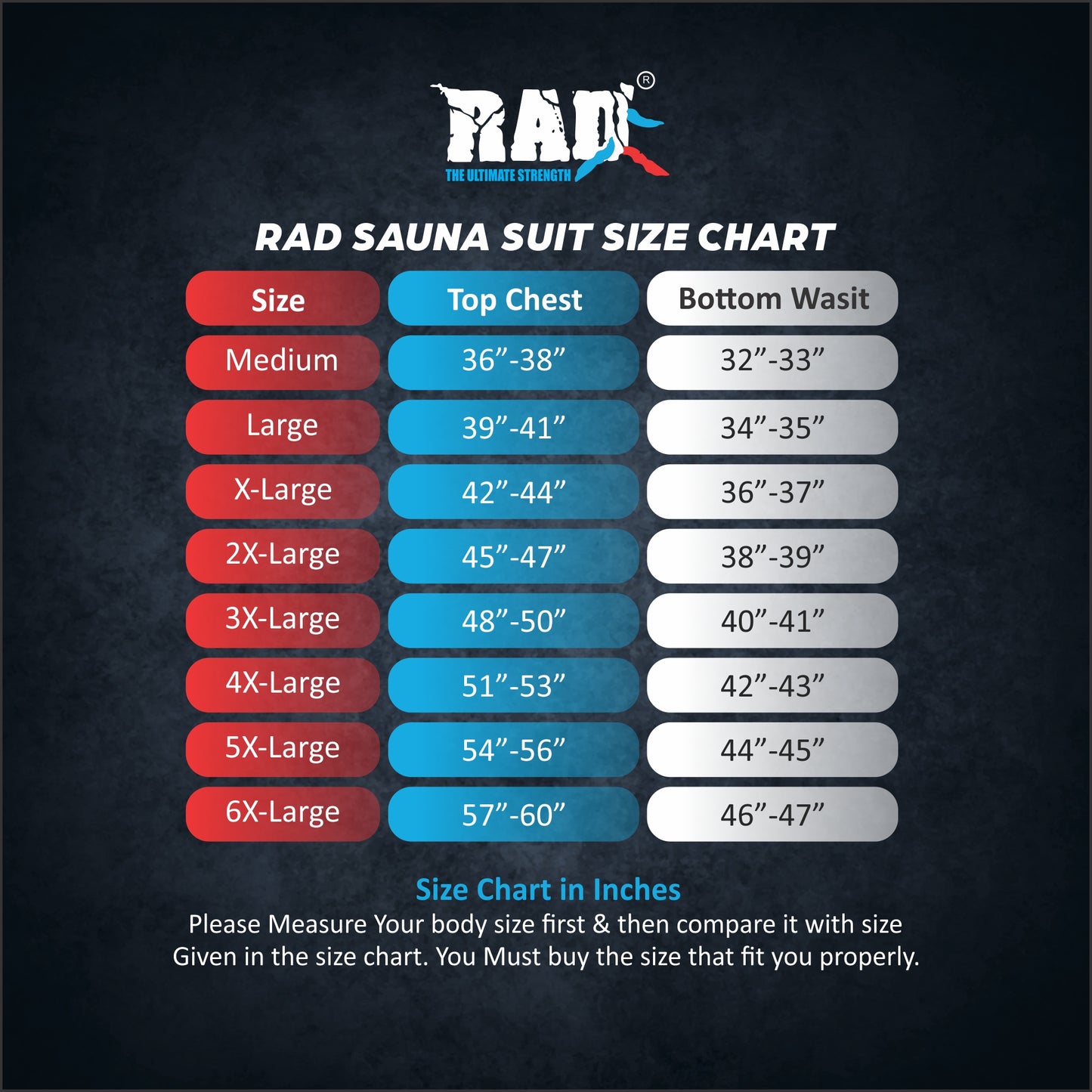 sauna suits Size chart
