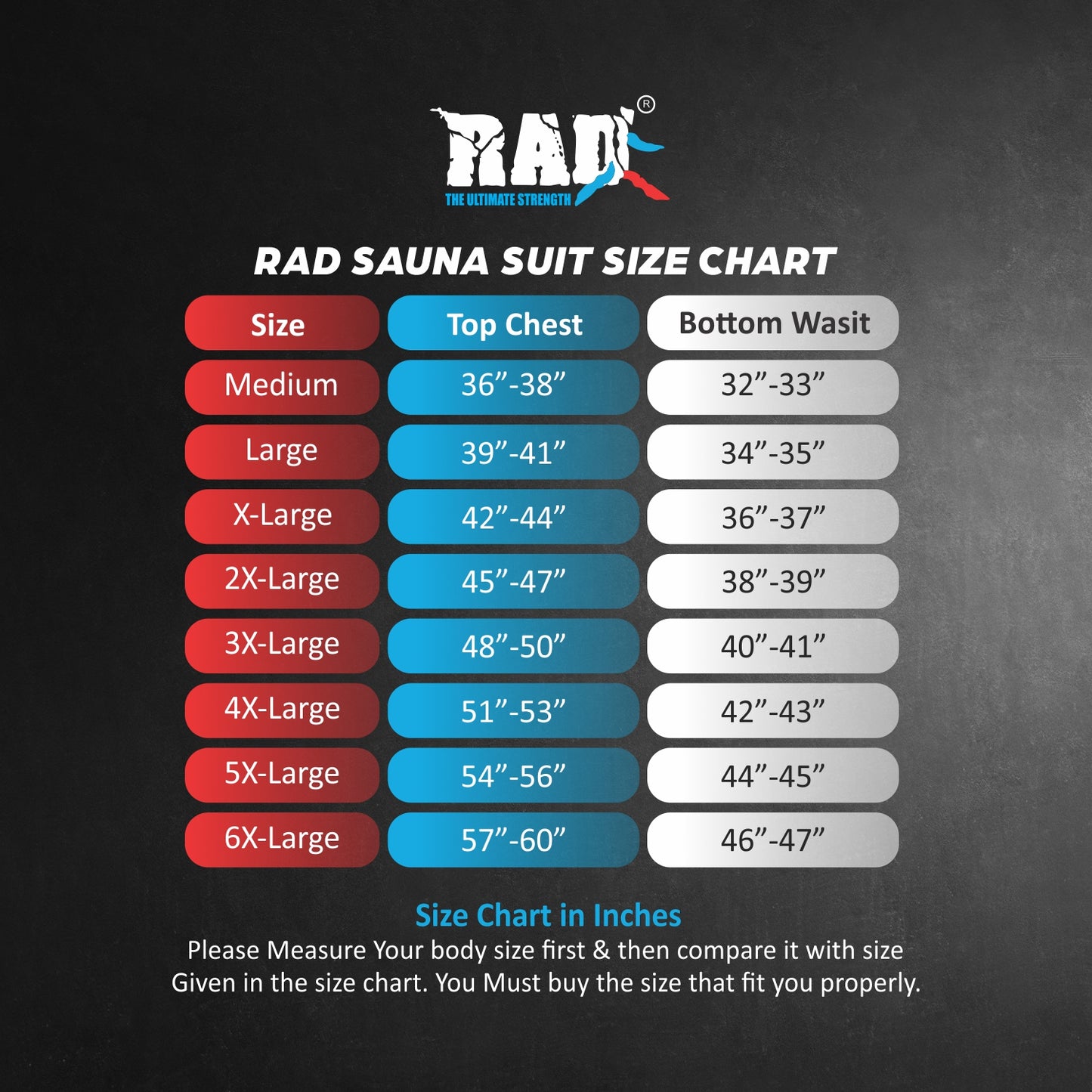 Sauna Suits Size Chart